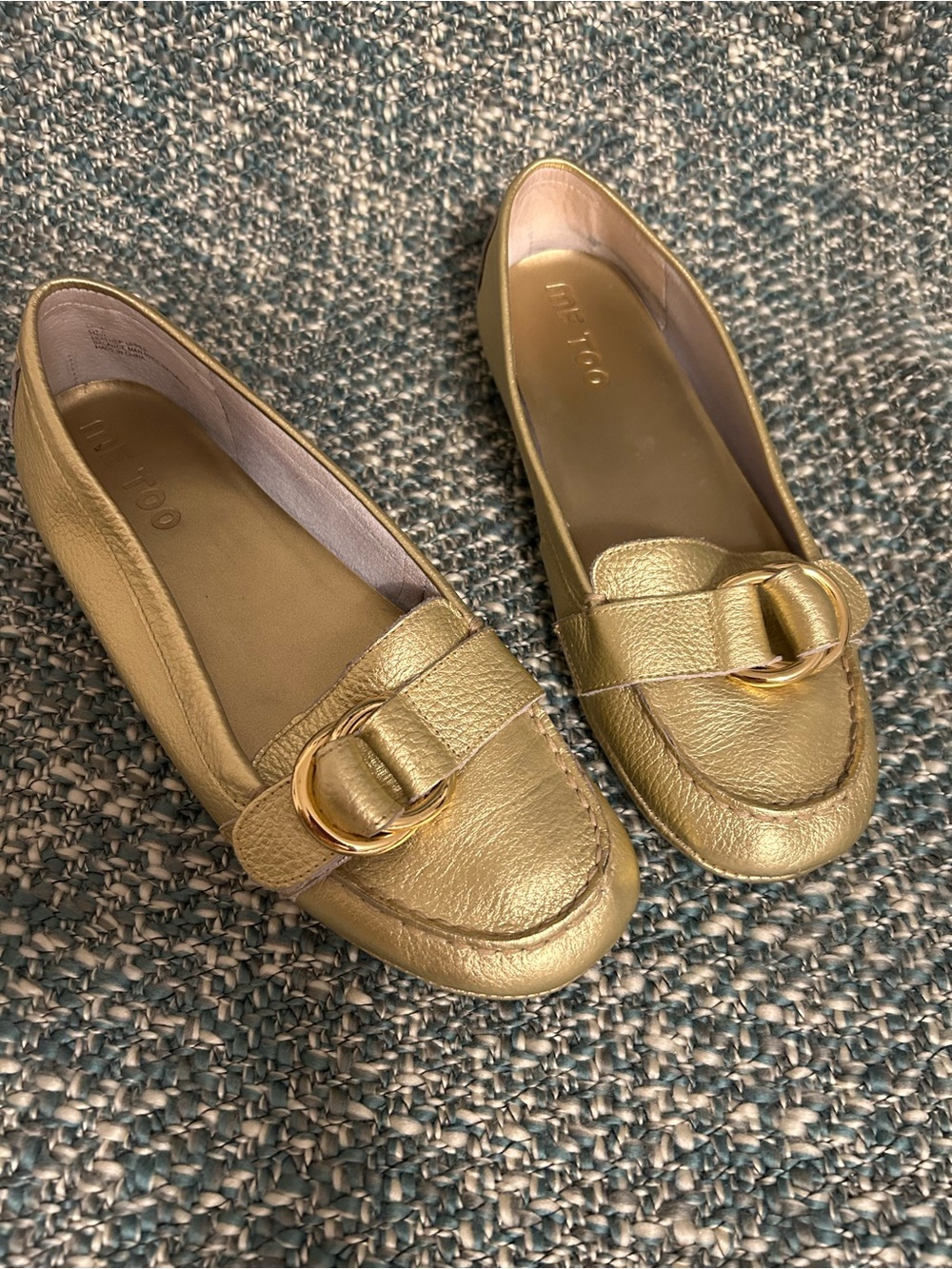 me too Metallic Gold Leather Loafers with Buckle